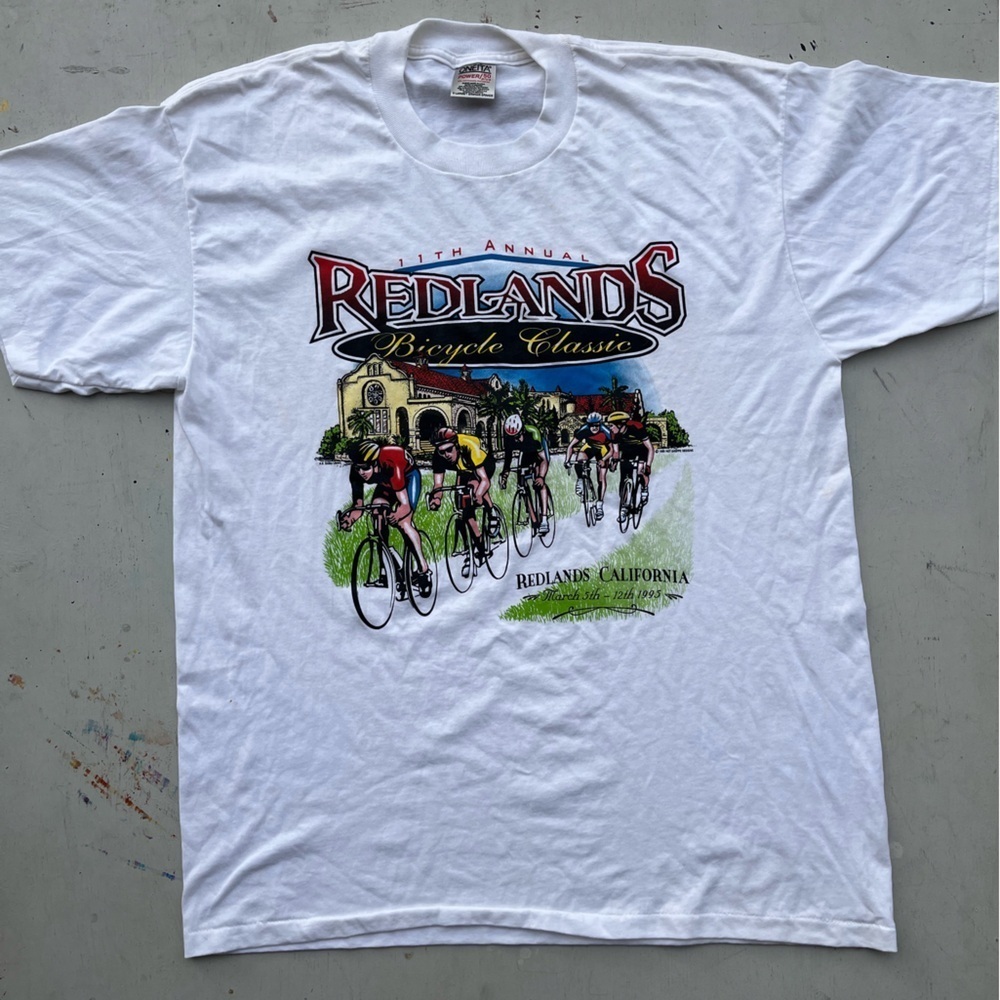 Men's Vintage Oneita T-Shirt Whiteโ Redlands XL Single Stitch 90s CA Bike Racing